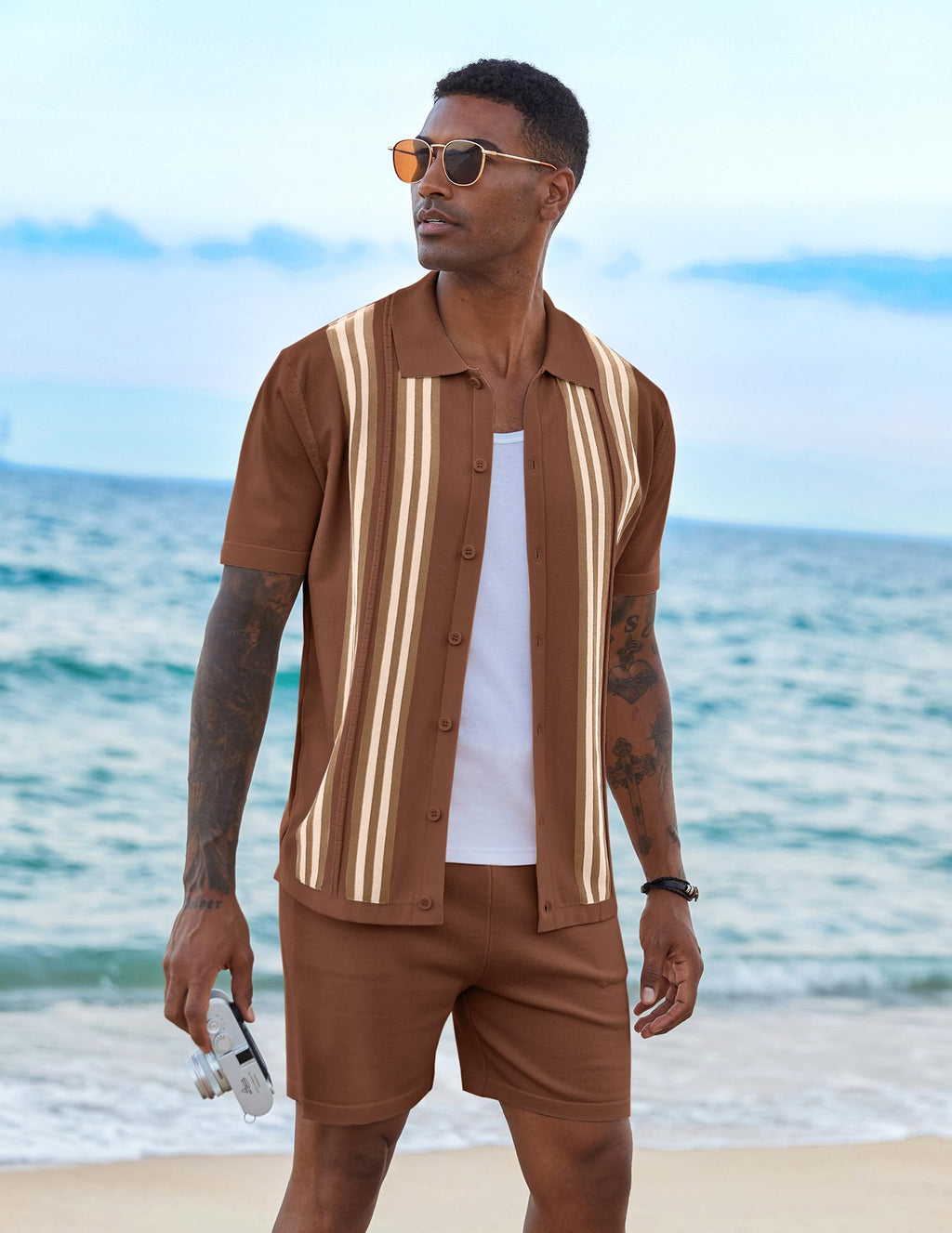 COOFANDY Men's 2 Piece Outfits Summer Short Sets Vintage Knit Button Down Shirt Short Sleeve Polo Casual Beach Suits