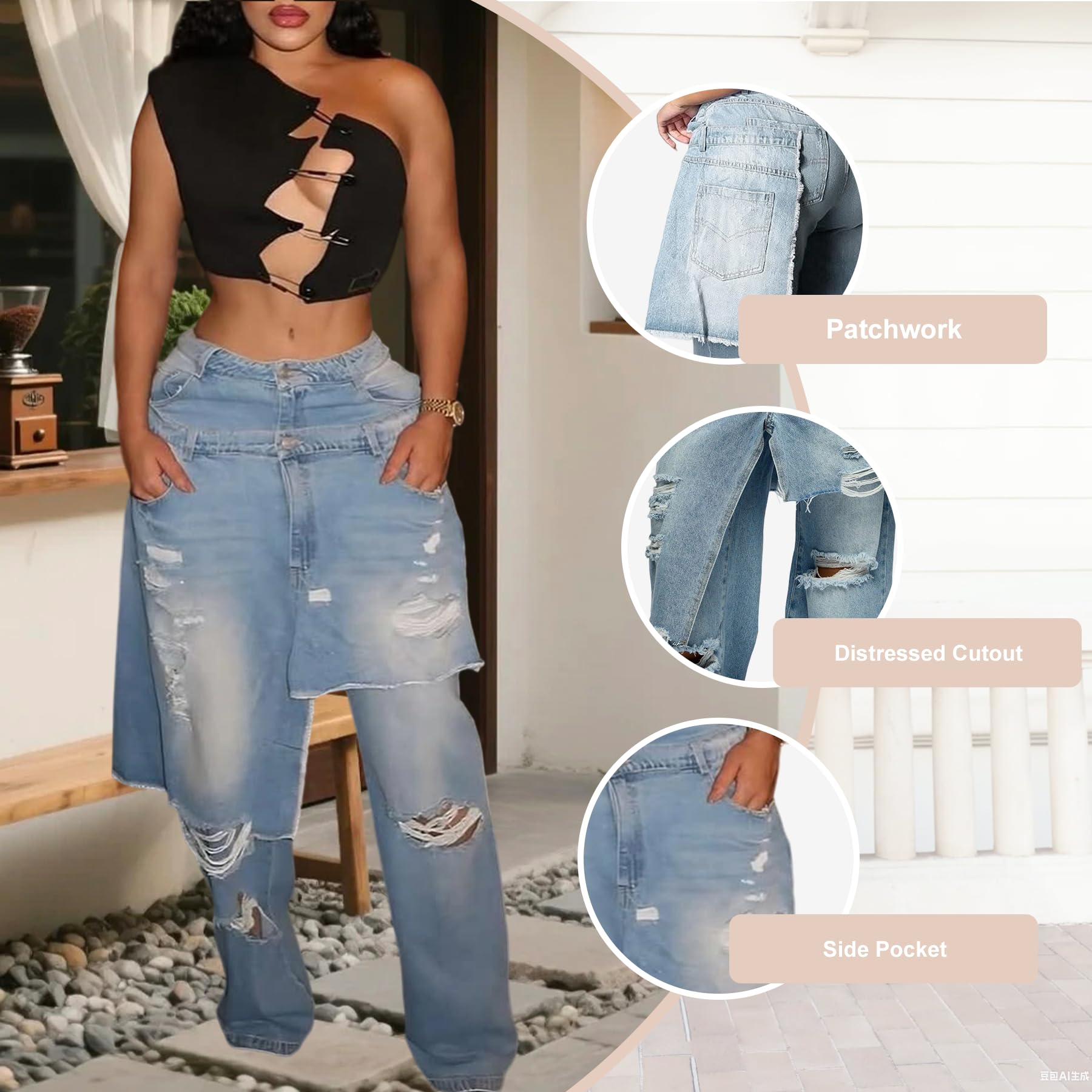 LKOUS Women's Ripped Baggy Jeans High Waist Wide Leg Patchwork Streetwear | Distressed, cutout, Y2K, hip hop, stretchy, soft, pocket, casual, concert, vintage. Machine wash