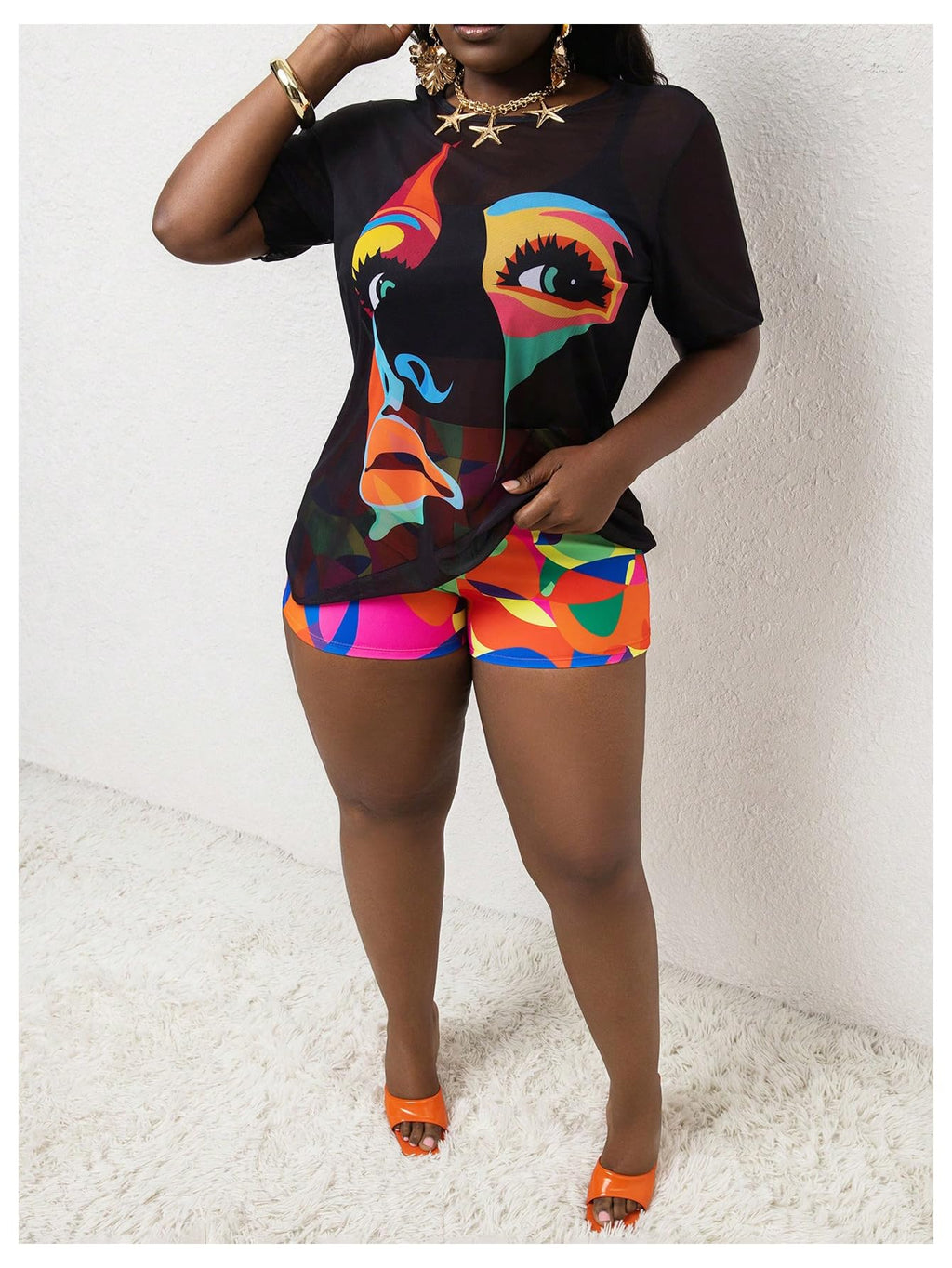 Women's 3 Piece Plus Size Swimsuit Tankini Shorts Set High Waisted Bathing Suit Graphic Beachwear with Mesh Cover Up