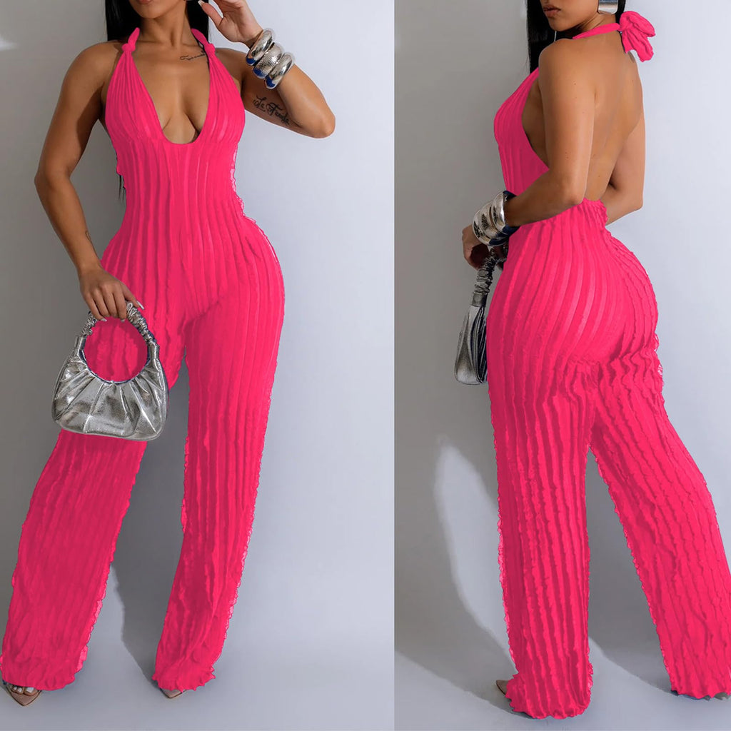 YBSKG Summer Halter Backless Jumpsuits for Women One Piece Wide Long Pants | Sexy See Through V Neck Tie Pleated One Piece Wide Leg Long Pants Romper