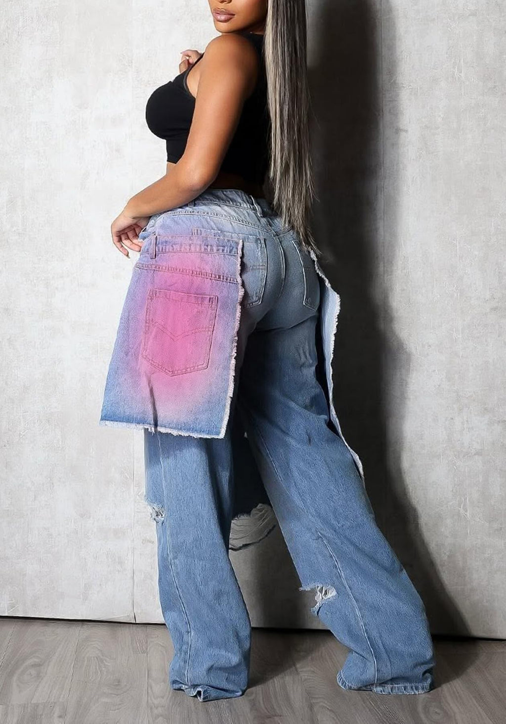 LKOUS Women's Ripped Baggy Jeans High Waist Wide Leg Patchwork Streetwear | Distressed, cutout, Y2K, hip hop, stretchy, soft, pocket, casual, concert, vintage. Machine wash