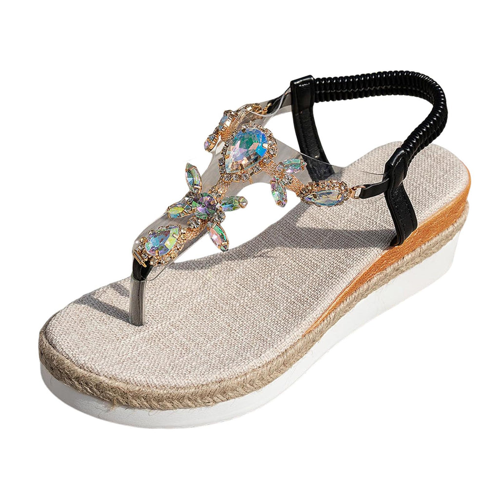 Women's Sparkly Rhinestone Wedge Sandals, Casual Platform Jeweled Sandals Summer Dressy Flip Flops Comfort Walking Thong Sandals Bohemian Beach Wedding Dress Shoes