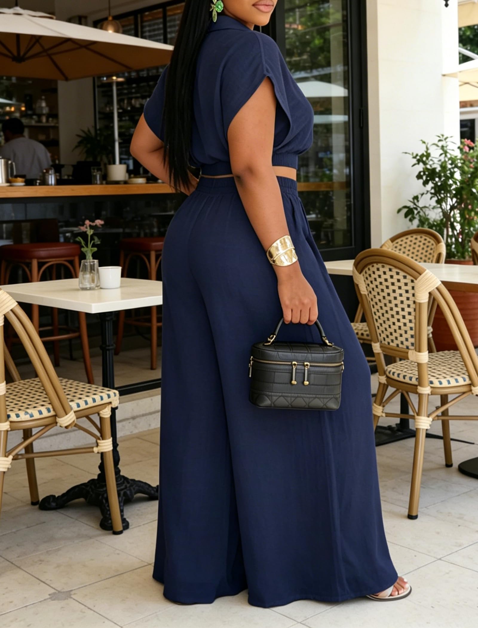 Ekaliy Women Two Piece Crop Top Flowy Wide Leg Pants Set Summer Outfits | Lightweight breathable fabric,batwing V-neck crop top,elastic waist wide leg lined pants with pockets for casual wear.