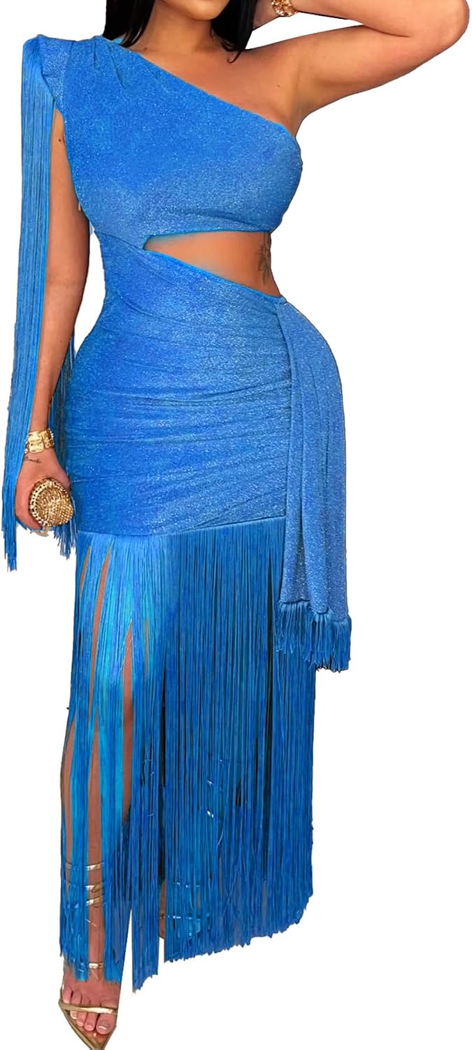 Geulis Women Wedding Guest Dresses Elegant One Shlouder Fringe Dress | Sexy Bodycon Maxi Dress,Cutout off the Shoulder Cocktail Evening Party Formal Dress,Sparkly Glitter,With Tassels