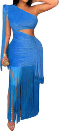 Geulis Women Wedding Guest Dresses Elegant One Shlouder Fringe Dress | Sexy Bodycon Maxi Dress,Cutout off the Shoulder Cocktail Evening Party Formal Dress,Sparkly Glitter,With Tassels