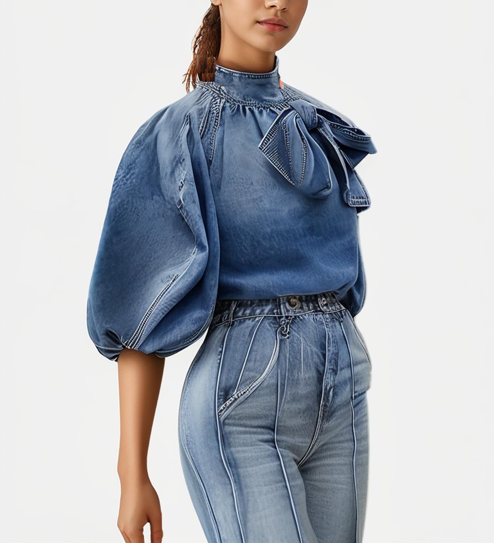 Women's Bow Design Denim Pullover Top Button Up High Neck Fashionable Jacket with Elastic and Puff Sleeves