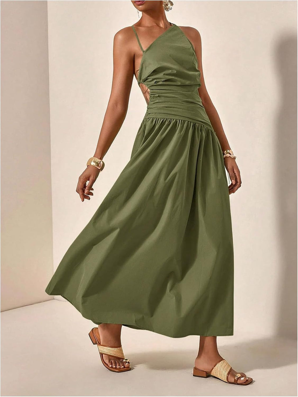 Milumia Women's Cut Out Asymmetrical Maxi Dress Open Back Summer Dresses | Spaghetti Strap, Tie Backless, Ruffle, Summer Vacation, Going Out, Sundress