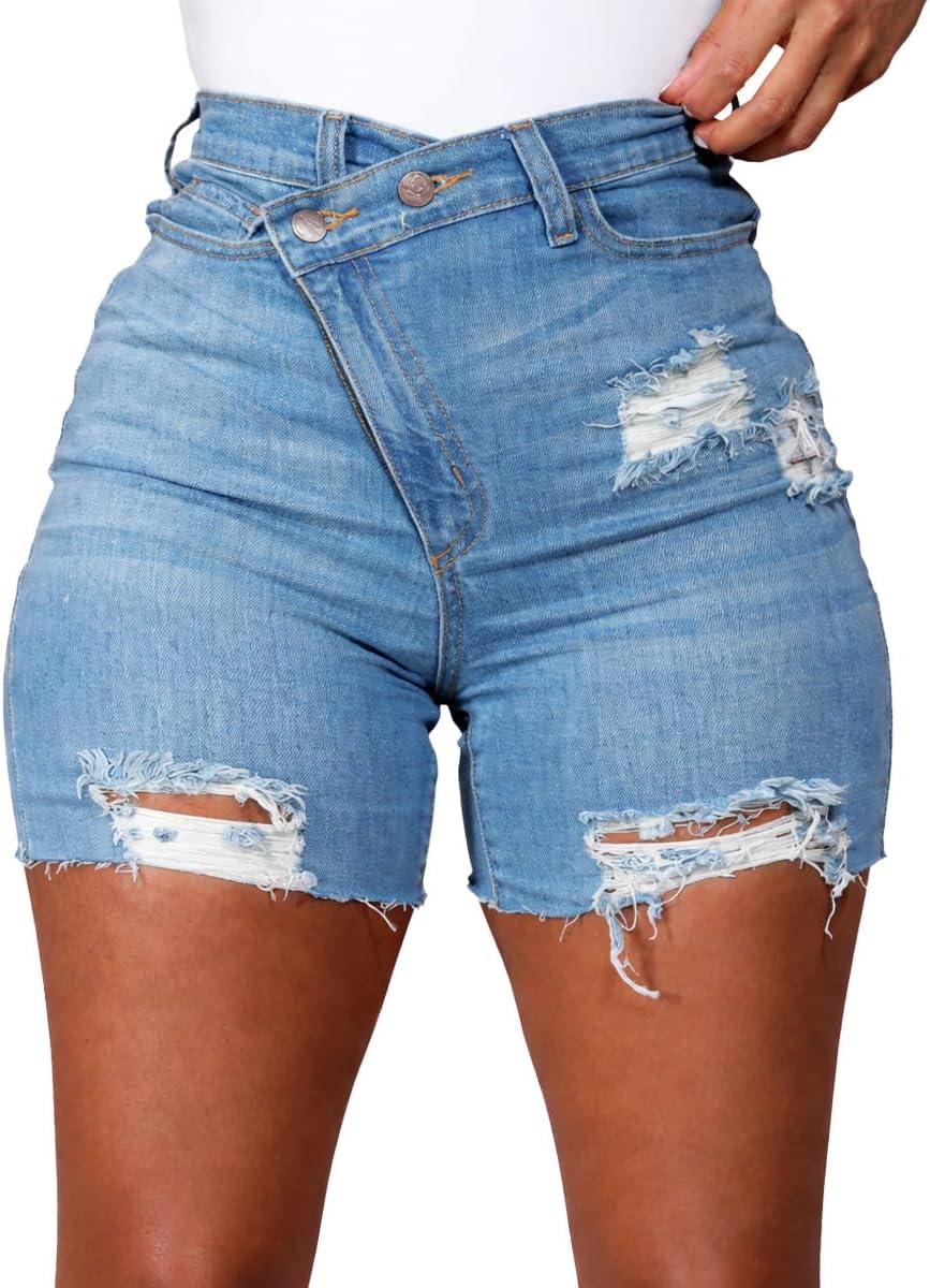 Women's Denim Shorts High Waisted Frayed Raw Hem Ripped Short Jeans | Fringe,Summer,Stretchy,with Pockets