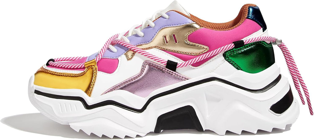 LUCKY STEP Women's Platform Fashion Chunky Dad Sneakers | Colorful | Retro Colorblock | Stylish Cute | Lace-Up Walking Shoes | Anti-Slip