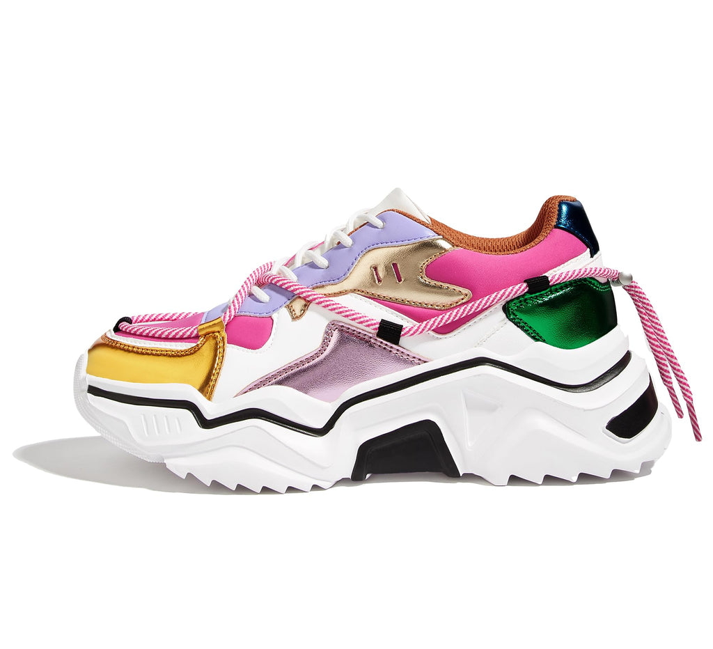 LUCKY STEP Women's Platform Fashion Chunky Dad Sneakers | Colorful | Retro Colorblock | Stylish Cute | Lace-Up Walking Shoes | Anti-Slip