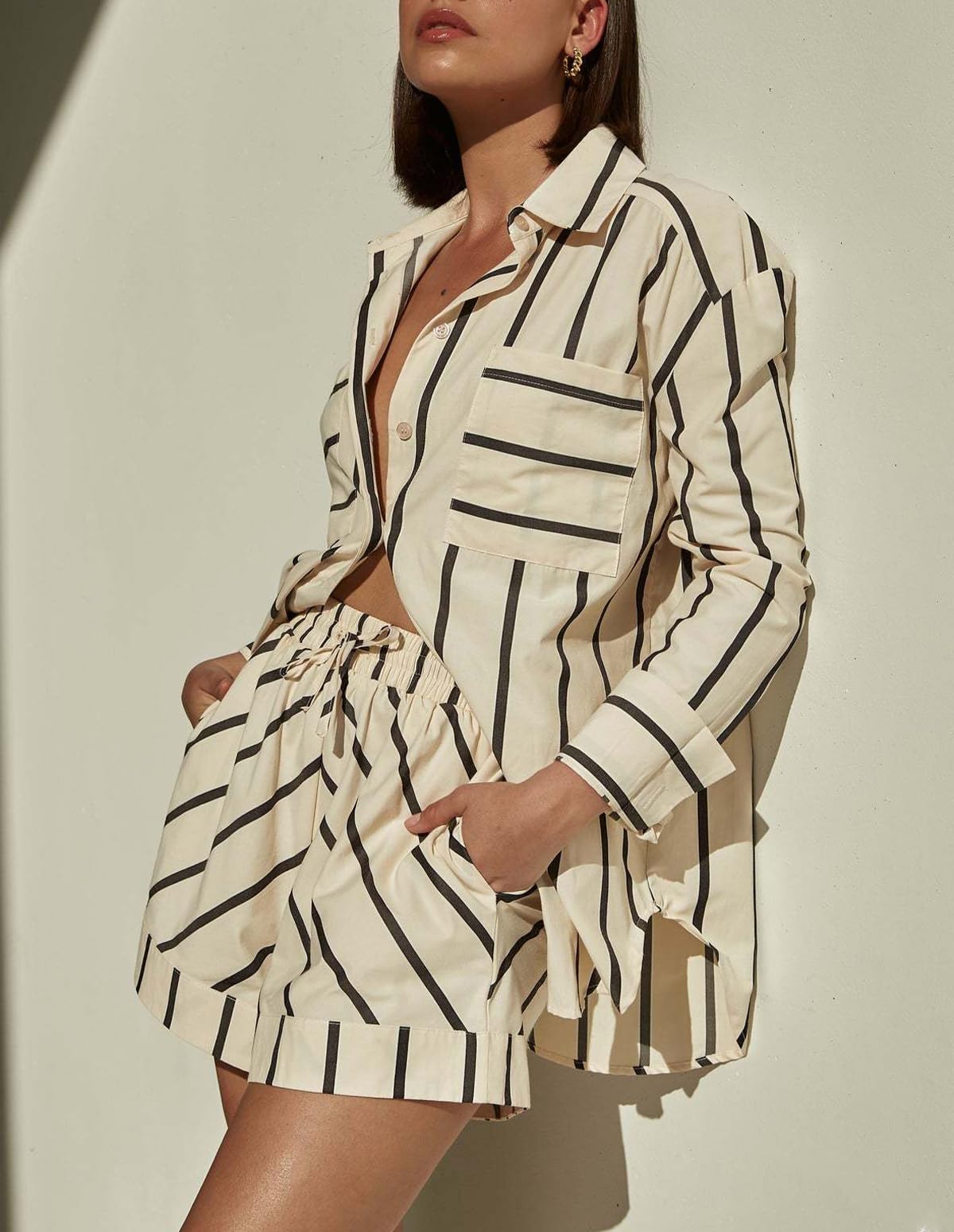 Women's Striped 2 Piece Outfits Casual Oversized Button Down Shirts and Short Lounge Pajamas Set