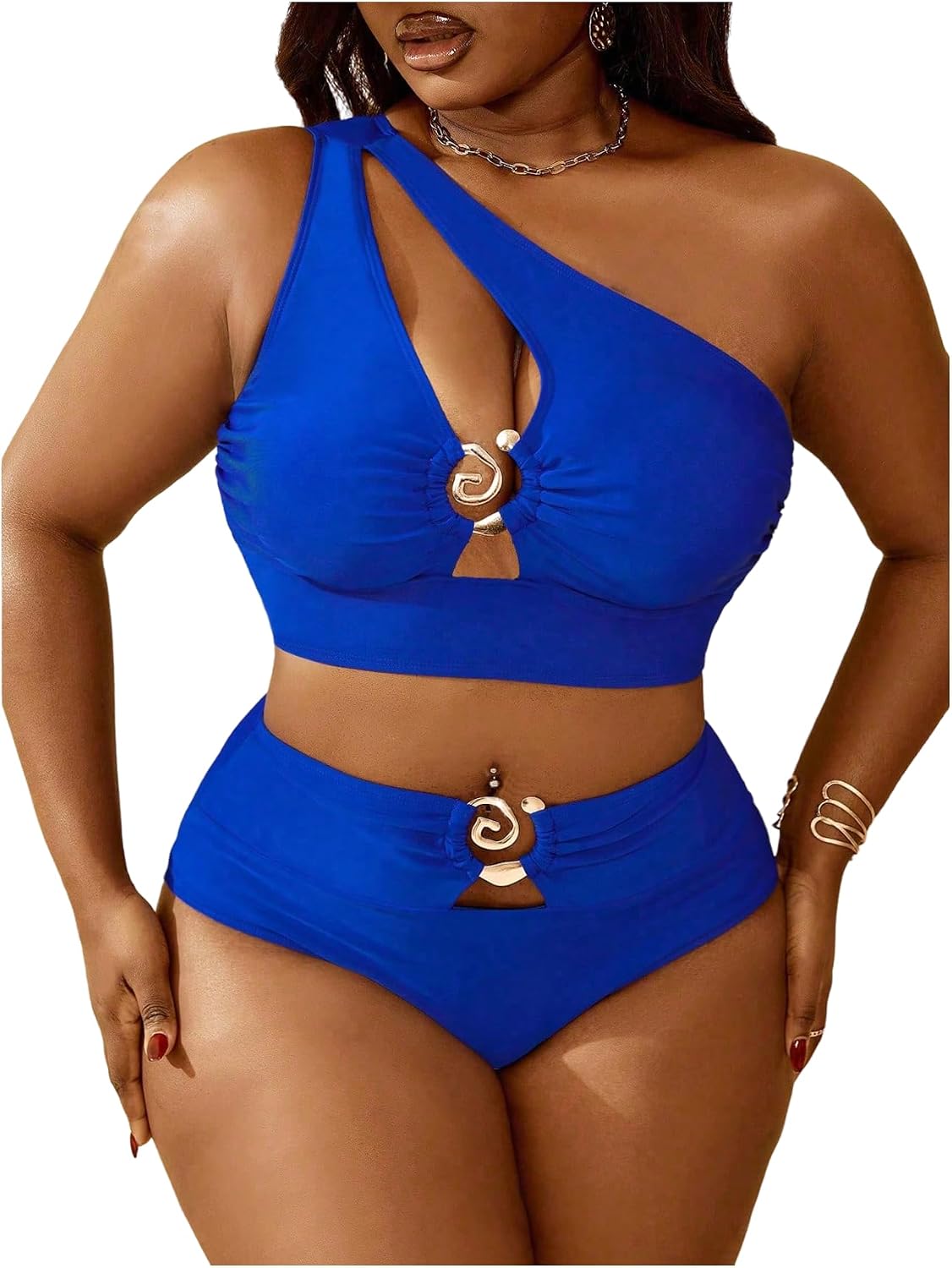 SOLY HUX Women's Plus Size Swimsuit One Shoulder Ring Bikini Sets | High Waist Cut Out Two Piece Bathing Suits, Curvy Summer Beach Vacation Swimwear