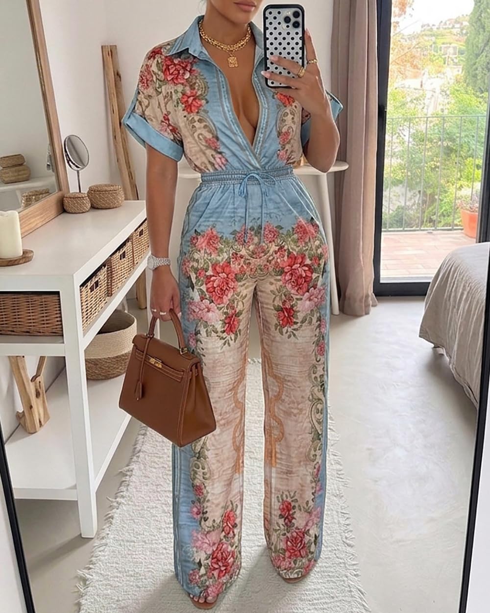 CHICME Womens Jumpsuit Boho Floral Wide Leg Vacation Outfit | Long Pant Rompers with Pockets,Roll Up Short Sleeve,Button Front,Drawstring High Waist,One Piece,Casual,Summer Beach