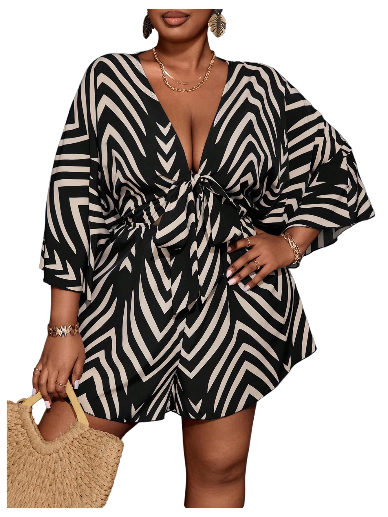 SOLY HUX Women's Plus Size Striped Tie Front Short Jumpsuit | V Neck, 3/4 Sleeve, Loose, Romper