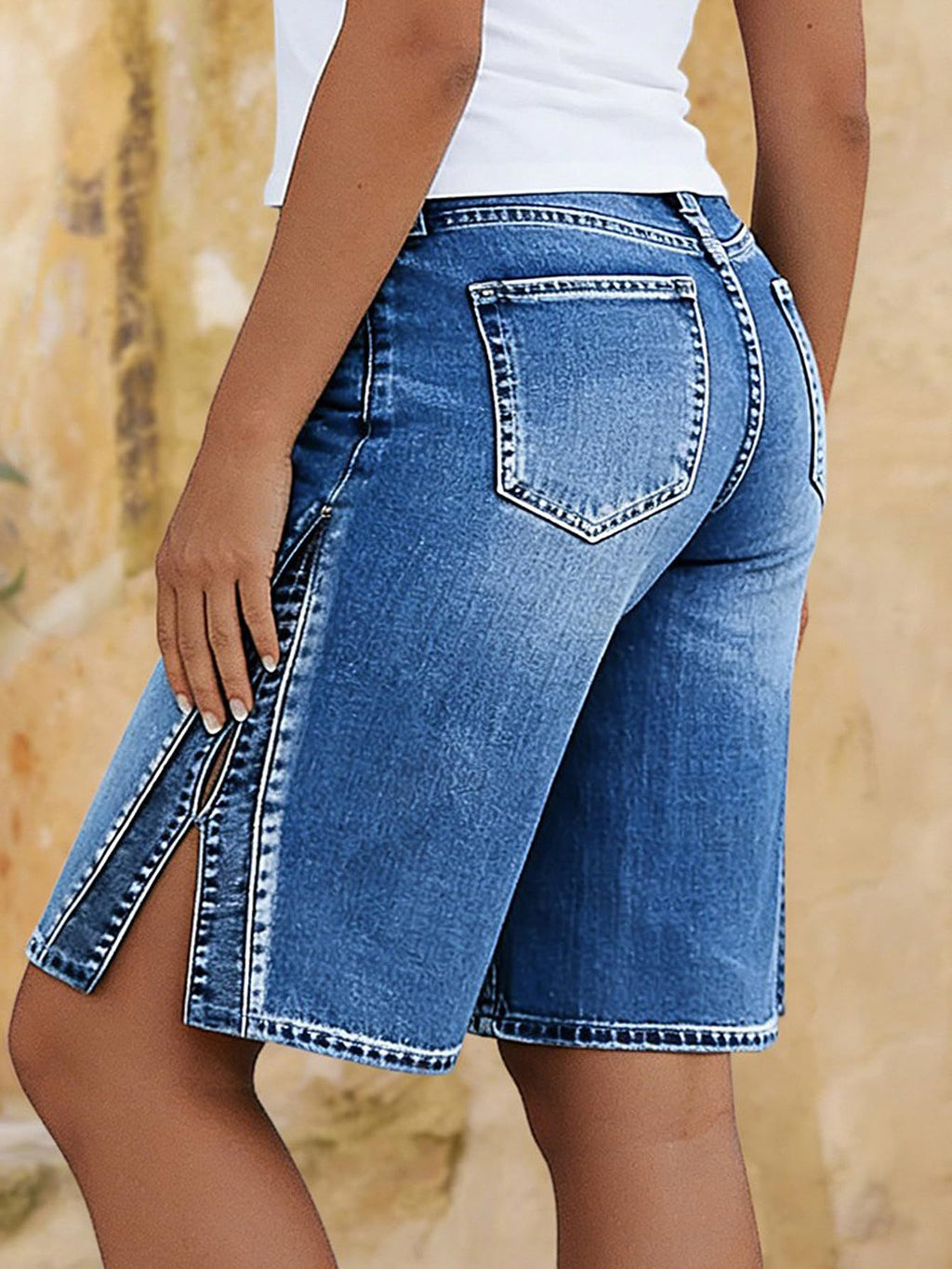 Flamingals Mid Waist Wide Leg Bermuda Denim Shorts for Women | Washed Split Hollow Out Trendy Denim Shorts