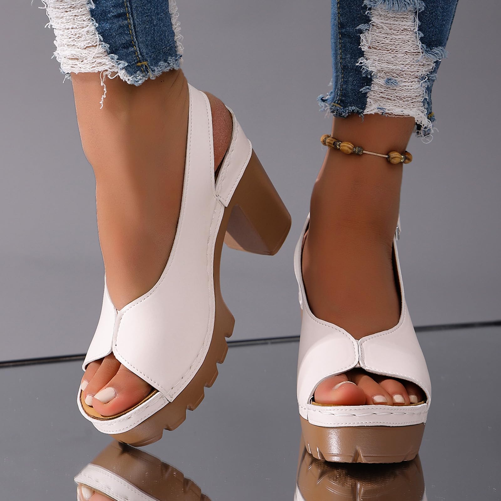 Women's Peep Toe Sandals Chunky Platform Heeled Pumps Slingback Heels Summer Dress Shoes Bridal Party Wedding Block High Heels Buckle Ankle Strap Sandals Dressy Comfortable Footwear