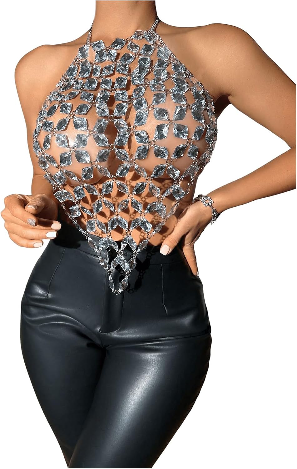 SHENHE Women's Diamond Halter Backless Rave Shirt Sexy Crop Tops | Irregular Hem Design, Hollow Out Construction, Ideal for Rave Parties and Nightclub Looks