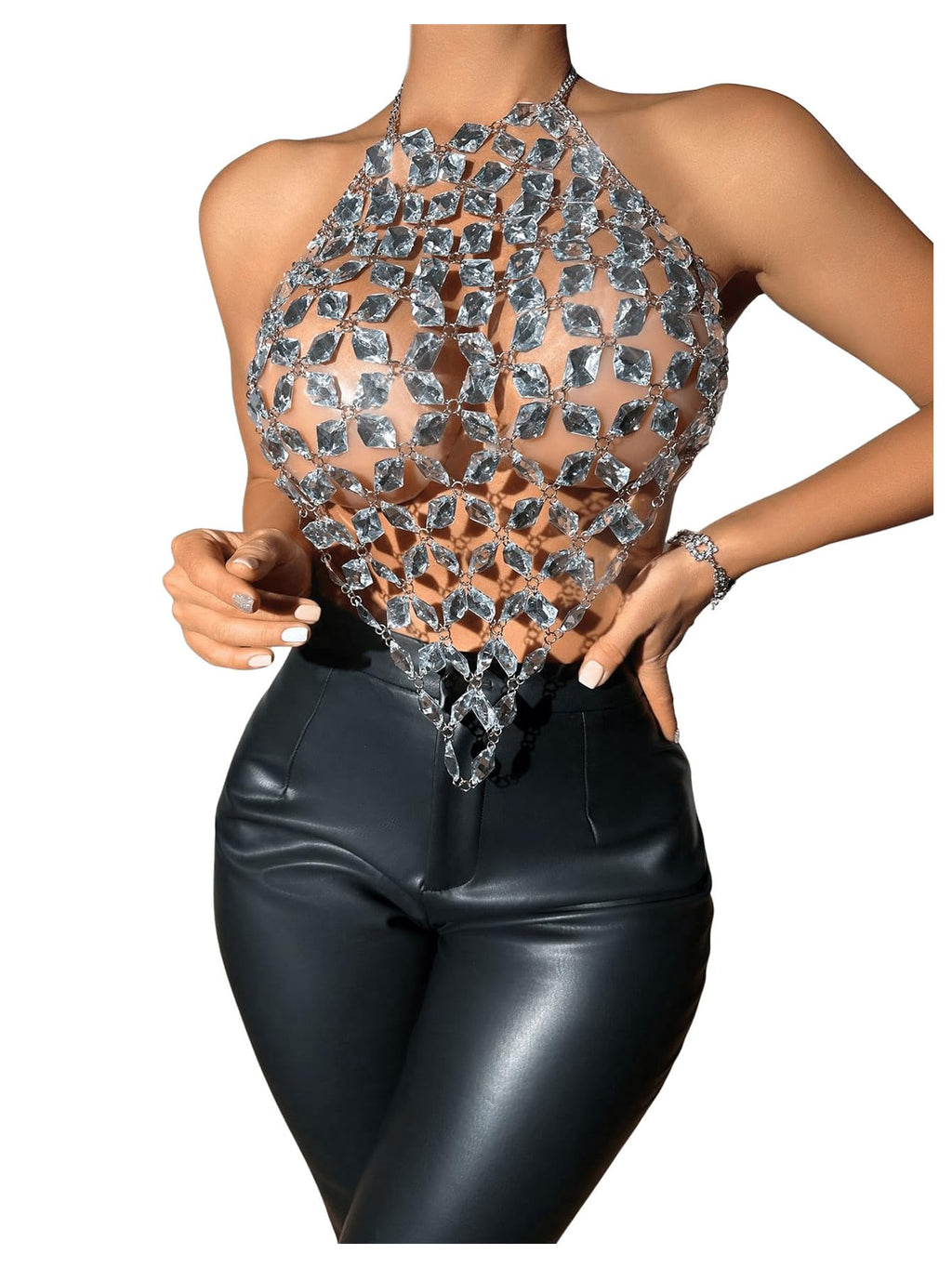 SHENHE Women's Diamond Halter Backless Rave Shirt Sexy Crop Tops | Irregular Hem Design, Hollow Out Construction, Ideal for Rave Parties and Nightclub Looks