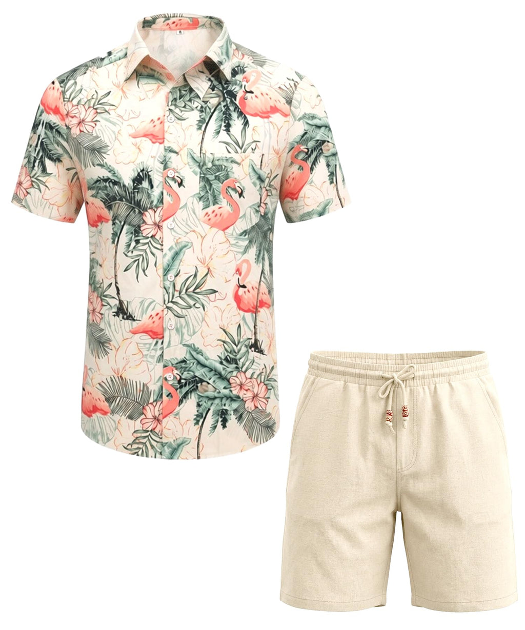 JEMLDL Men's Hawaiian 2 Piece Outfits Floral Button Down Shirts & Linen Shorts Sets Summer Beach Travel Clothes
