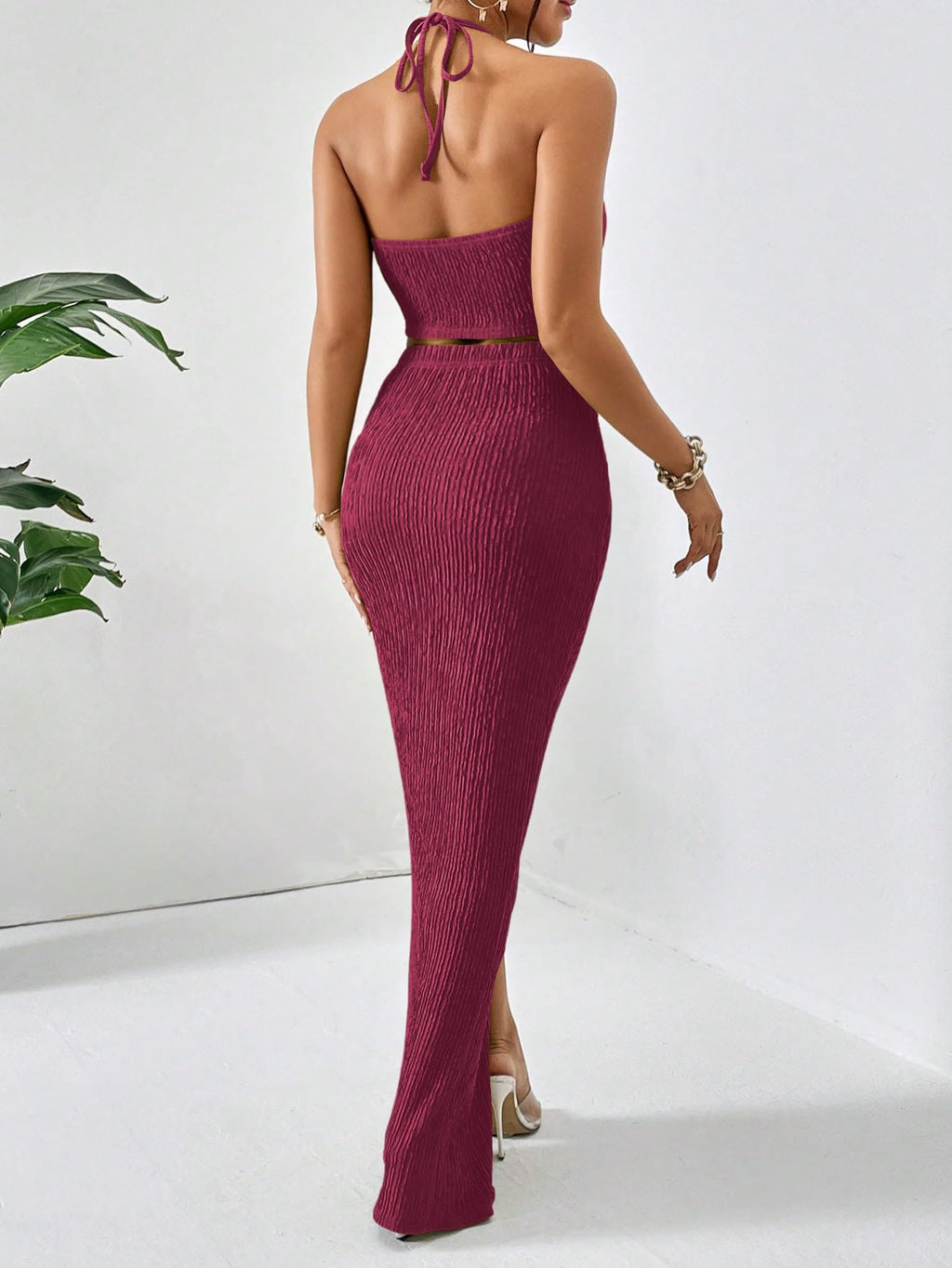 BEAUDRM Women's 2 Pieces Summer Outfits Textured Halter Crop Top and Split Maxi Skirt Set S Going Out Beach Vacation Outfits