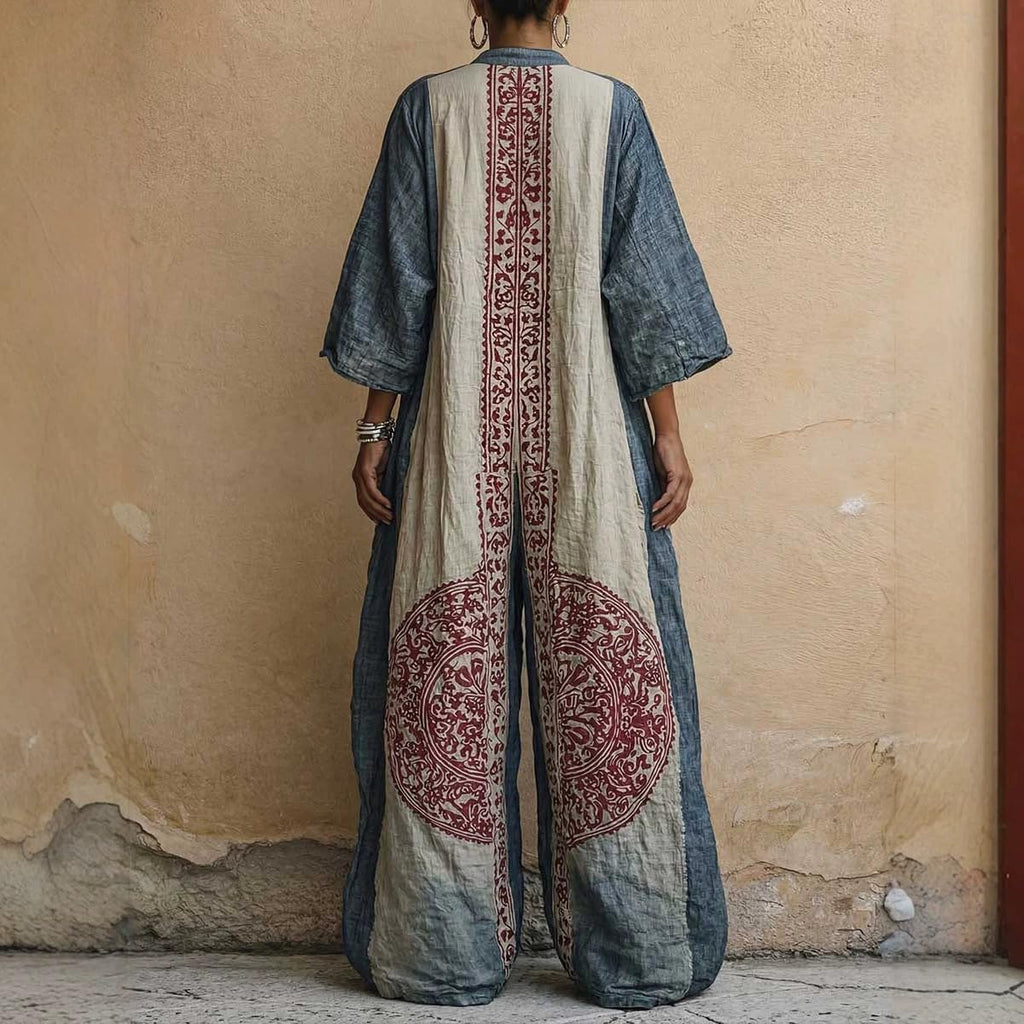 Women Plus Size Boho Wide Leg Jumpsuit Vintage Ethnic Print 3/4 Sleeve V Neck Vacation Casual Jumpsuit With Pockets