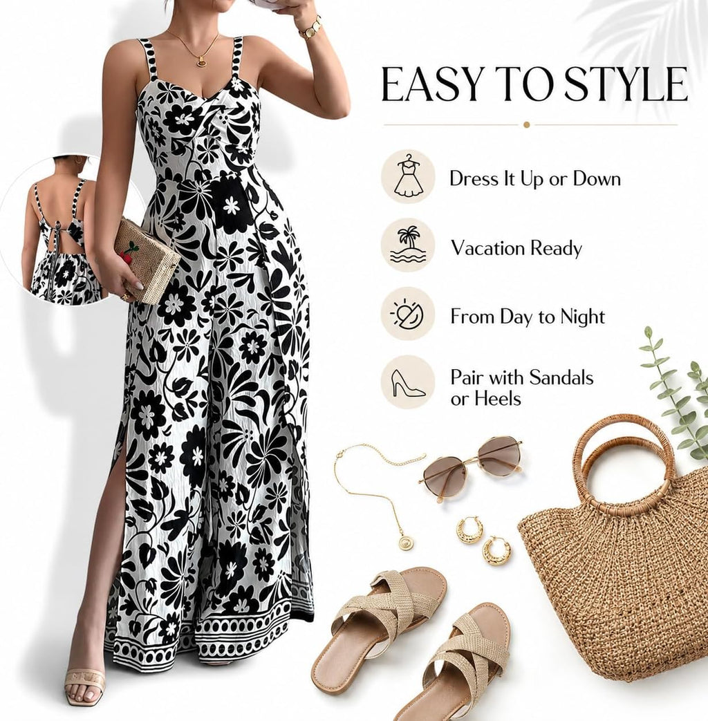 Women's Floral Wide Leg Jumpsuit Sleeveless Backless Side Slit Romper | Women's Floral Wide Leg Jumpsuit, Sleeveless Backless Slub-Textured Romper with Side Slits for Summer Beach Vacation
