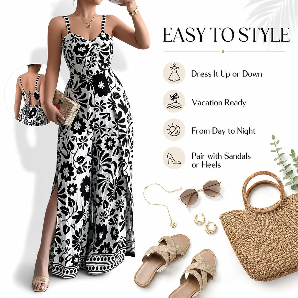 Women's Floral Wide Leg Jumpsuit Sleeveless Backless Side Slit Romper | Women's Floral Wide Leg Jumpsuit, Sleeveless Backless Slub-Textured Romper with Side Slits for Summer Beach Vacation