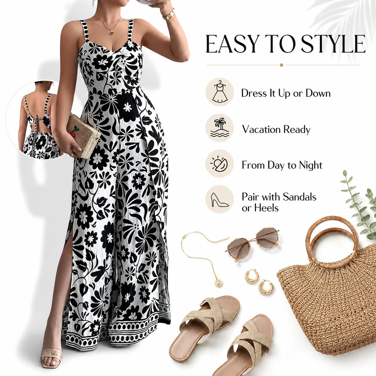 Women's Floral Wide Leg Jumpsuit Sleeveless Backless Side Slit Romper | Women's Floral Wide Leg Jumpsuit, Sleeveless Backless Slub-Textured Romper with Side Slits for Summer Beach Vacation