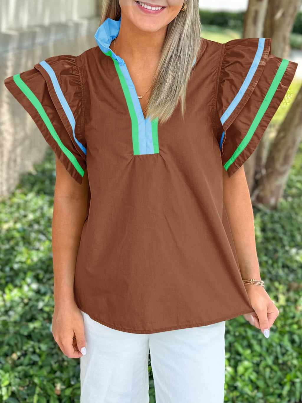 Cicy Bell Womens Ruffle Cap Sleeve Tops Summer V Neck Dressy Casual Blouses | Color Block, Boutique Tops, Pleated Shirt, Loose Fit, Wear to Work, 2026 Fall Outfits