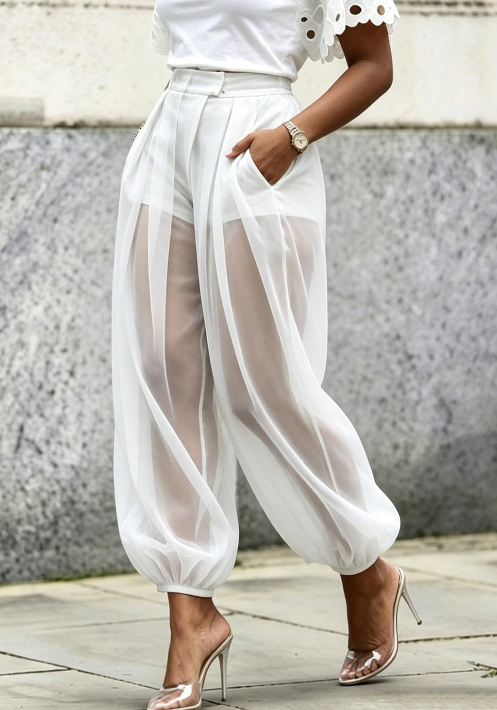Molisry Women Sheer Mesh Pants Bubble Tulle Patchwork Pants Balloon Trouser | Loose Fit Cover Up Trousers,Built In Shorts Lining