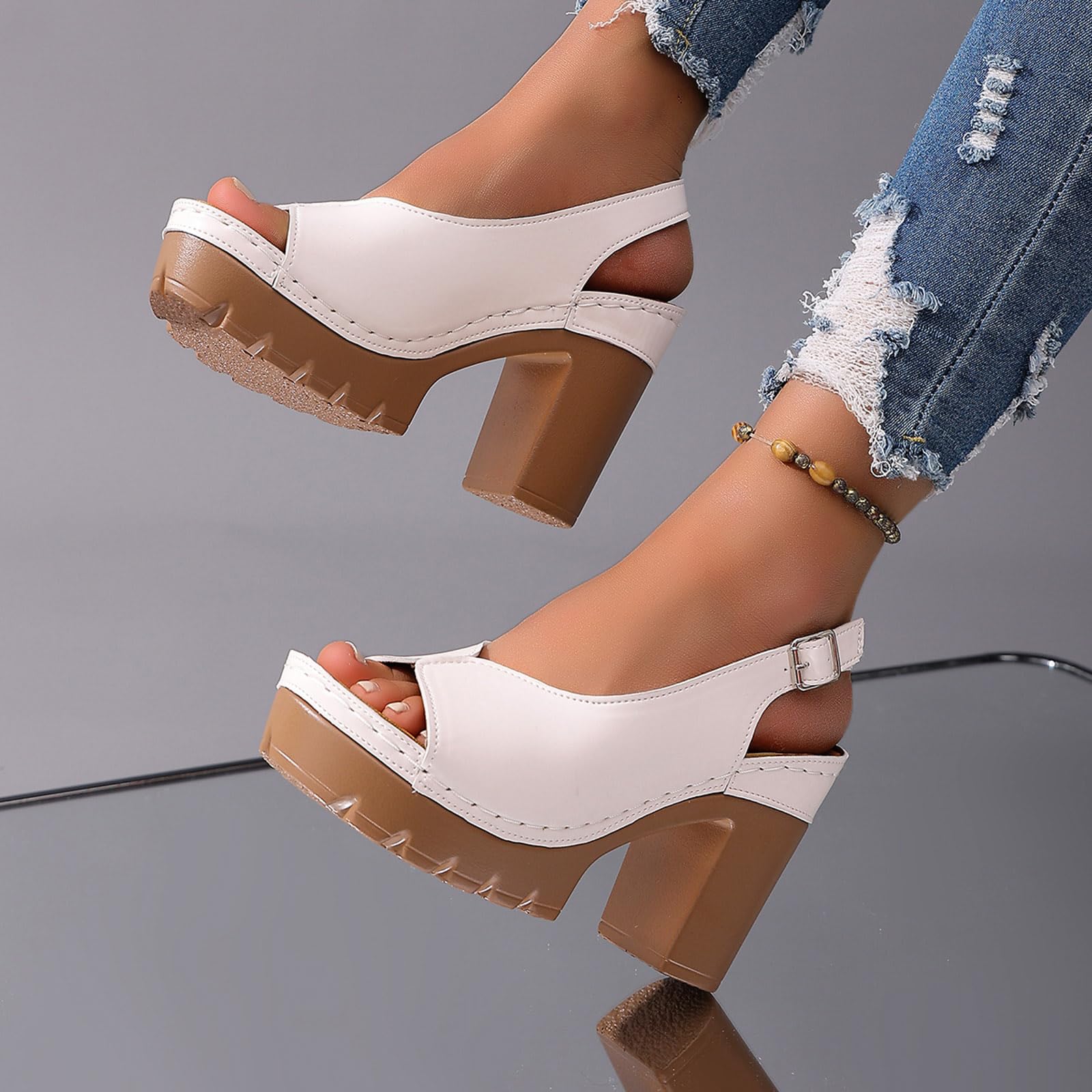 Women's Peep Toe Sandals Chunky Platform Heeled Pumps Slingback Heels Summer Dress Shoes Bridal Party Wedding Block High Heels Buckle Ankle Strap Sandals Dressy Comfortable Footwear