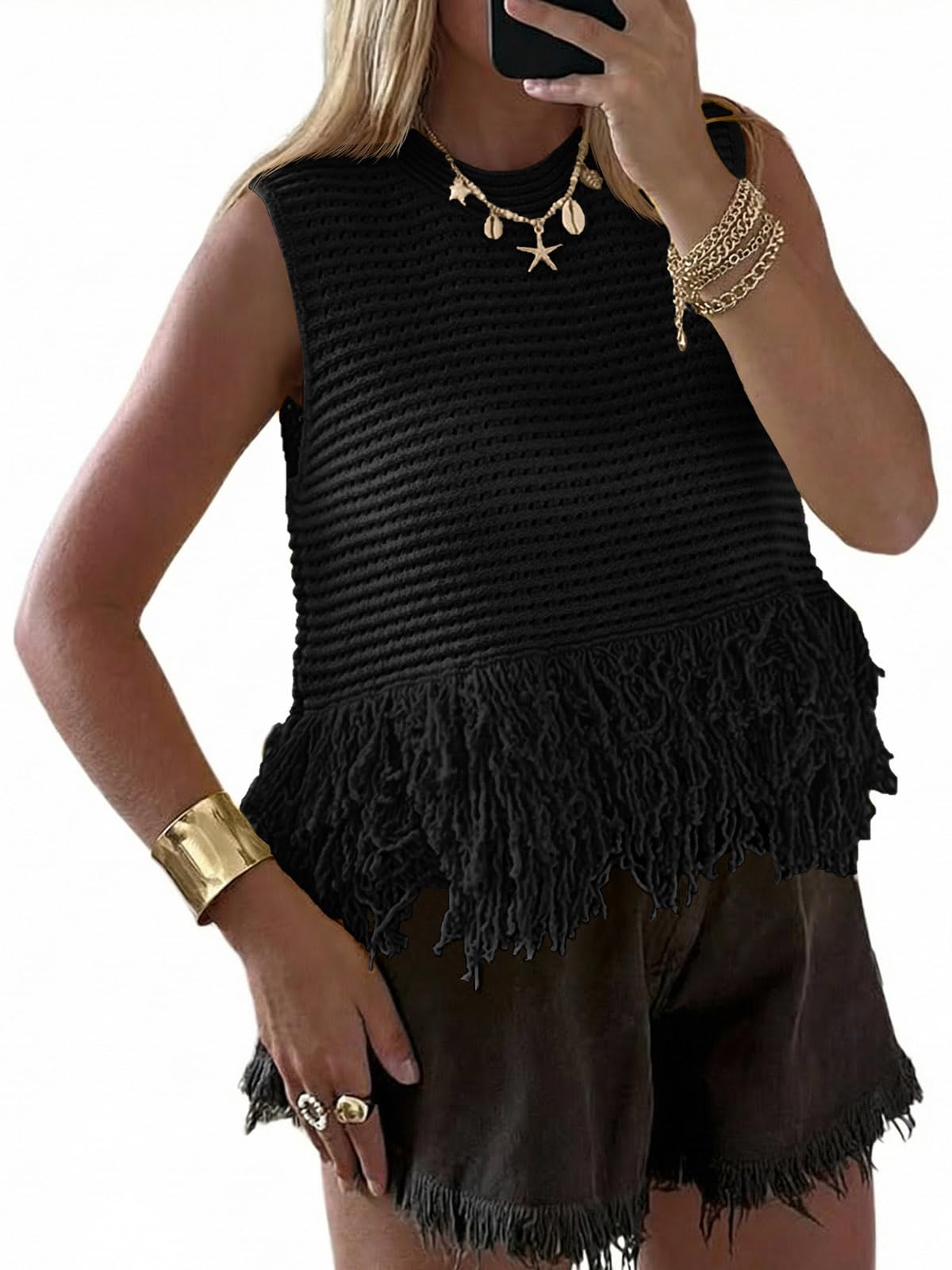 Saodimallsu Womens Crochet Crop Tank Tops Fringe Boho Summer Sweater Vest | Sleeveless,Crew Neck,Soft Knit,Summer Going Out Top,Resort Wear,Beach Vacation Outfits,Spring Fashion