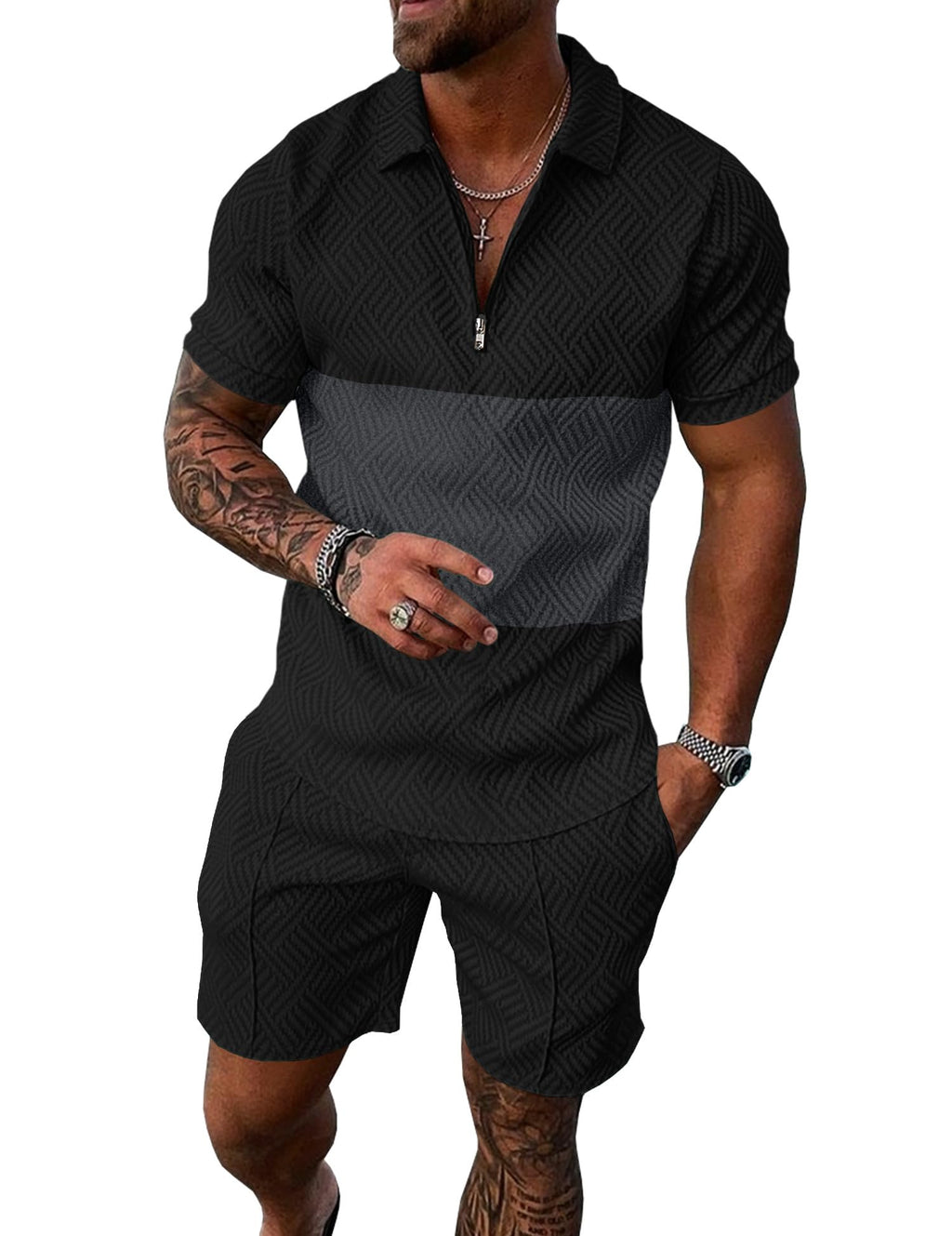Mens Summer Track Suits 2 Piece Shorts Sets Short Sleeve Sweatsuit Outfits 1/4 Zip Golf Polo Splicing Striped Shirts