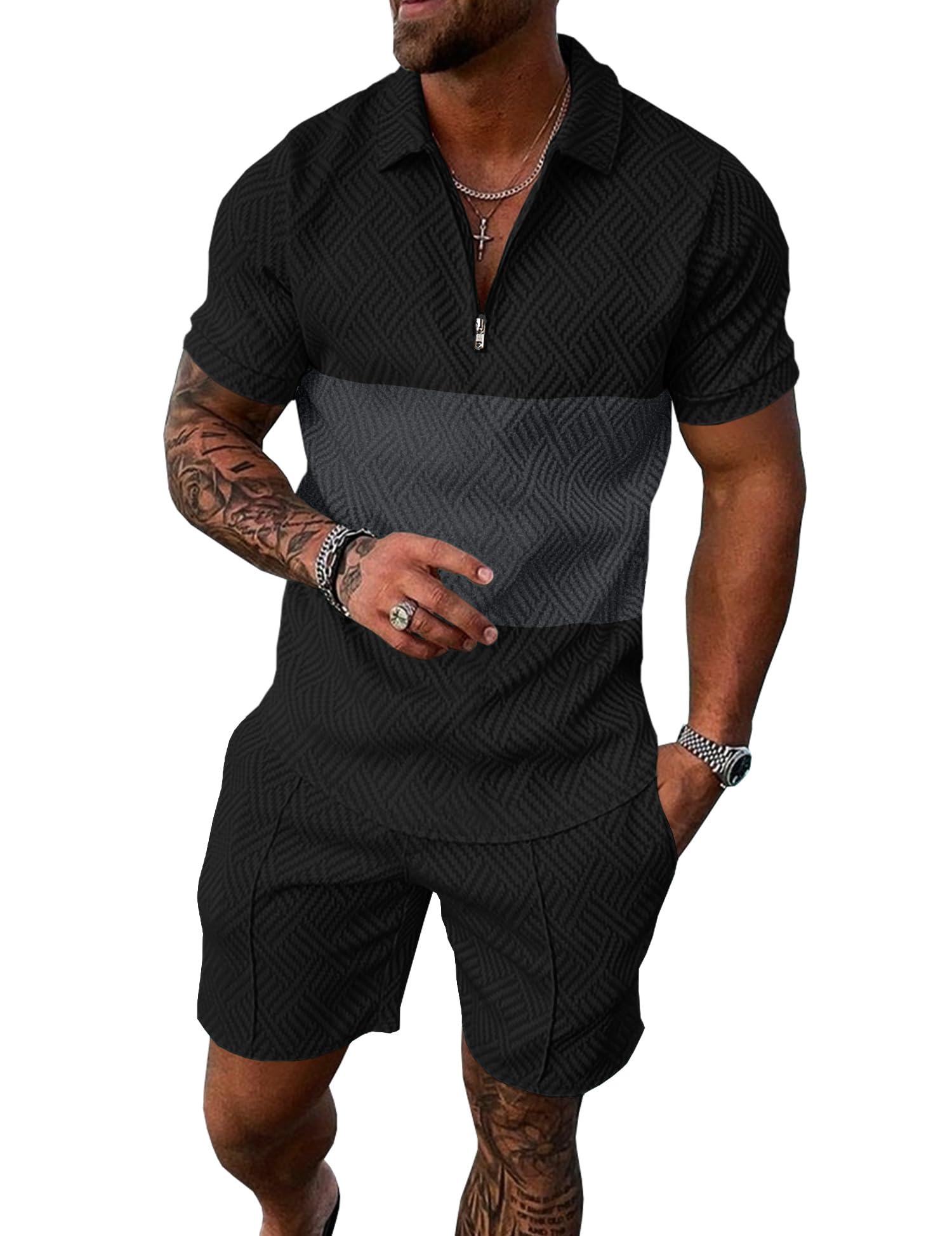 Mens Summer Track Suits 2 Piece Shorts Sets Short Sleeve Sweatsuit Outfits 1/4 Zip Golf Polo Splicing Striped Shirts