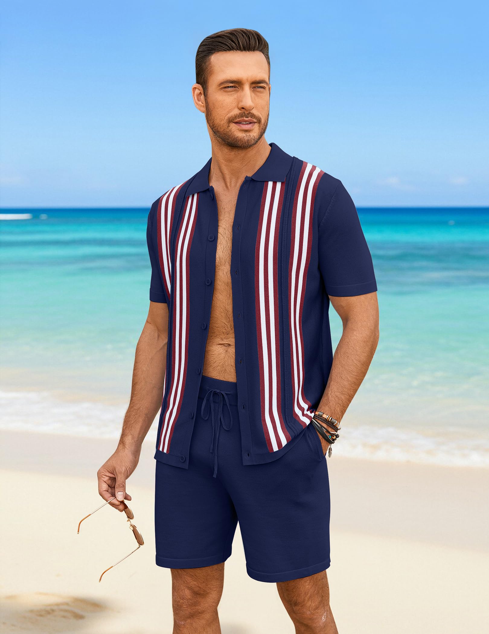COOFANDY Men's 2 Piece Outfits Summer Short Sets Vintage Knit Button Down Shirt Short Sleeve Polo Casual Beach Suits