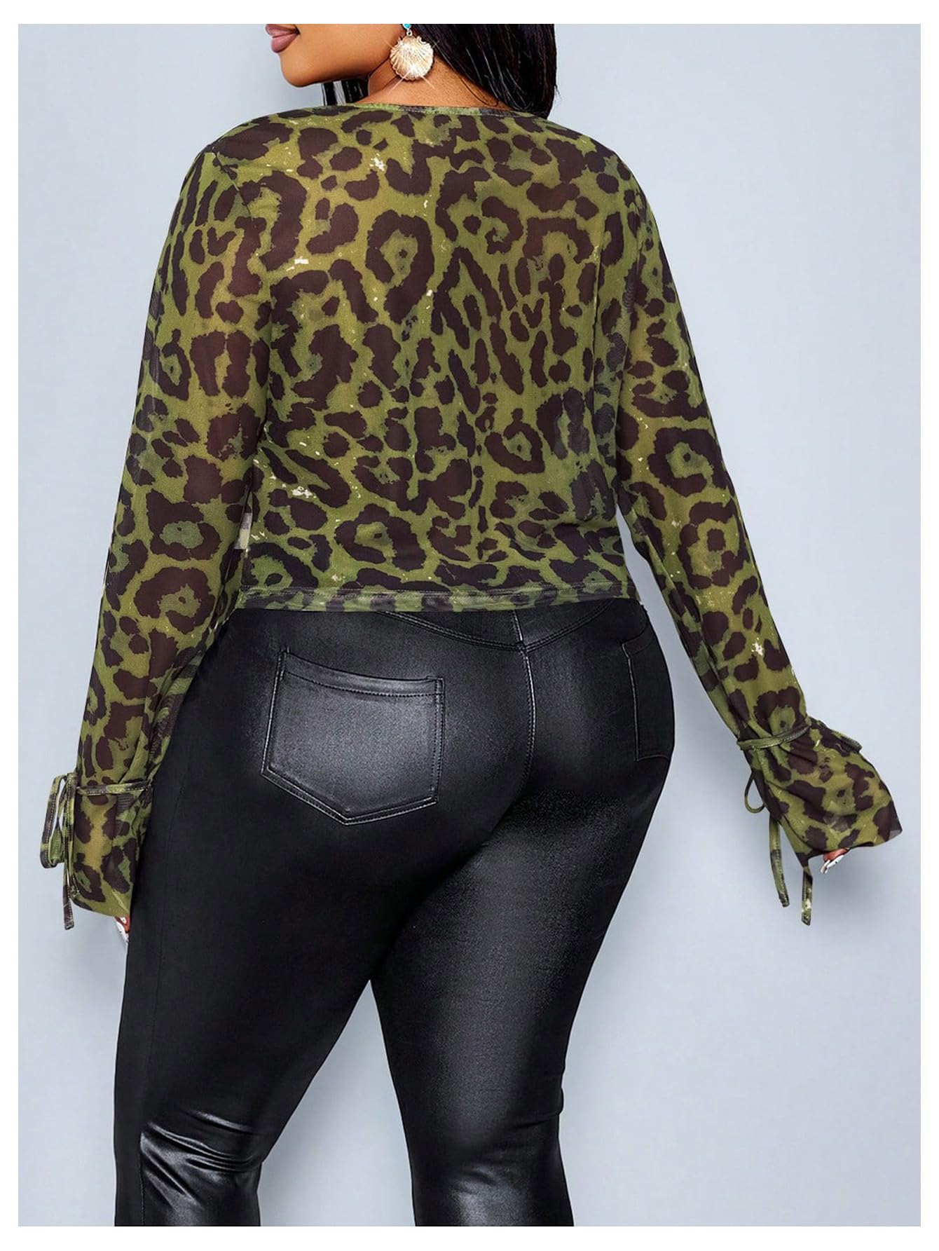 RoseSeek Women's Plus Size Cheetah Long Sleeve Top Club Night Out Tops | Draped Front, V Neck, Y2K, Club Night Out Tops