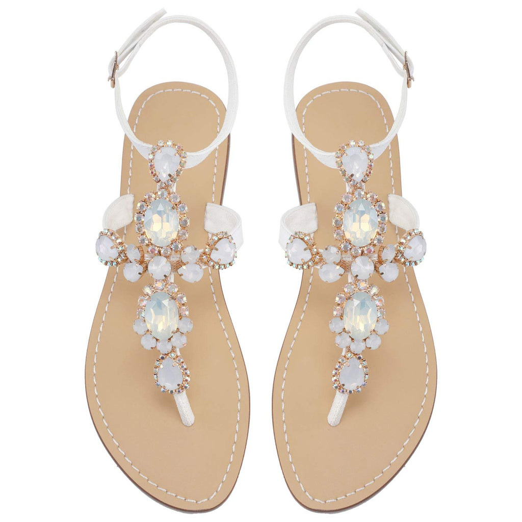 ZhuLinFeng Women'S Rhinestone Gladiator Sandals Flat Wedding Sandals Gem Pearl Sparkling Bridal Bridesmaid Sandals Blue Bohemian Sandals