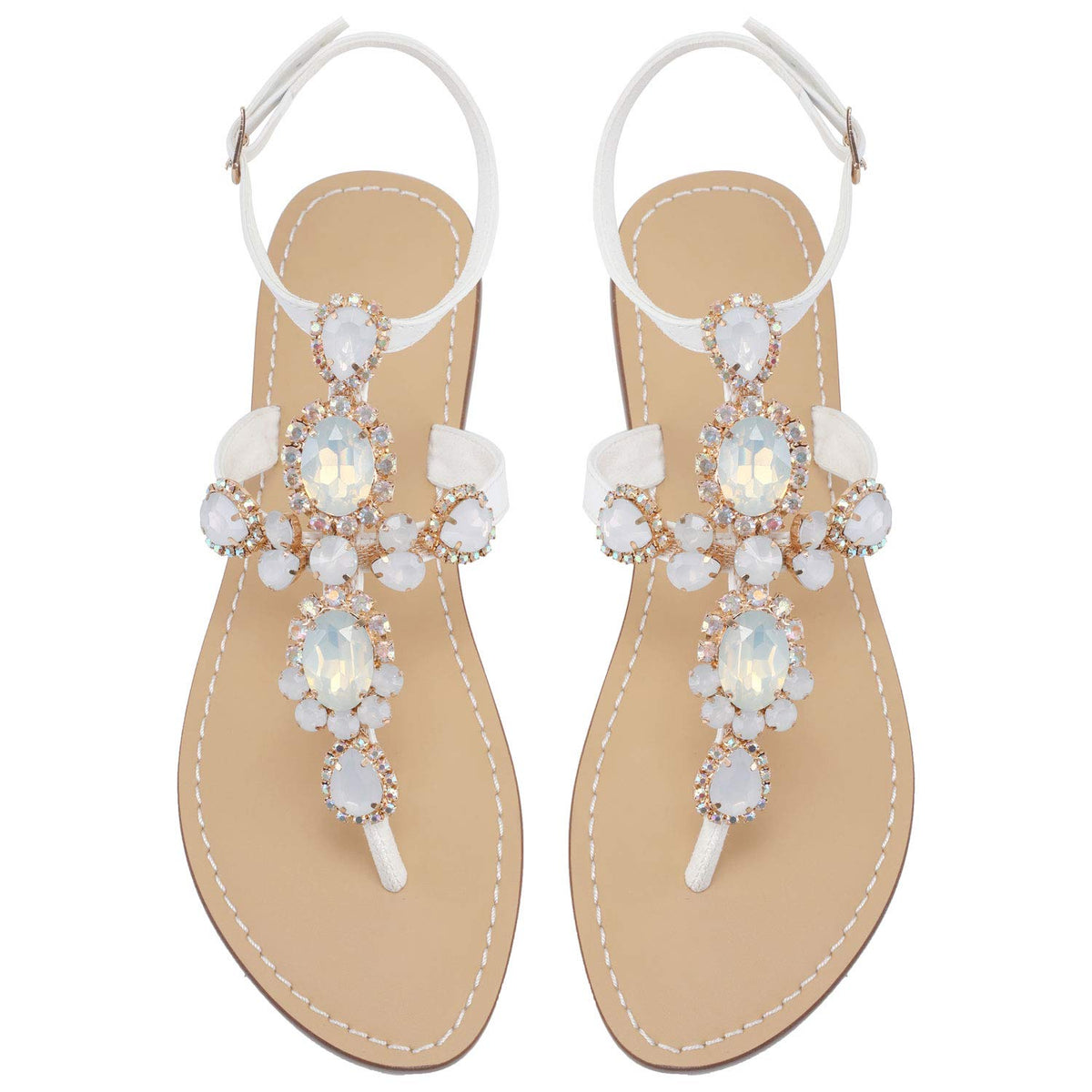 ZhuLinFeng Women'S Rhinestone Gladiator Sandals Flat Wedding Sandals Gem Pearl Sparkling Bridal Bridesmaid Sandals Blue Bohemian Sandals