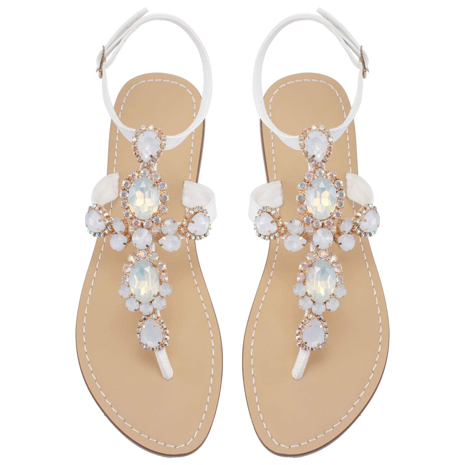 ZhuLinFeng Women'S Rhinestone Gladiator Sandals Flat Wedding Sandals Gem Pearl Sparkling Bridal Bridesmaid Sandals Blue Bohemian Sandals