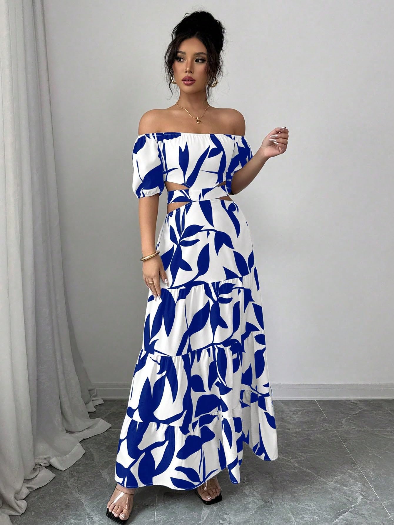 Women's Boho Off The Shoulder Short Sleeve Maxi Dresses Casual Summer Tiered Ruffle Swing Cut Out Flowy Dress