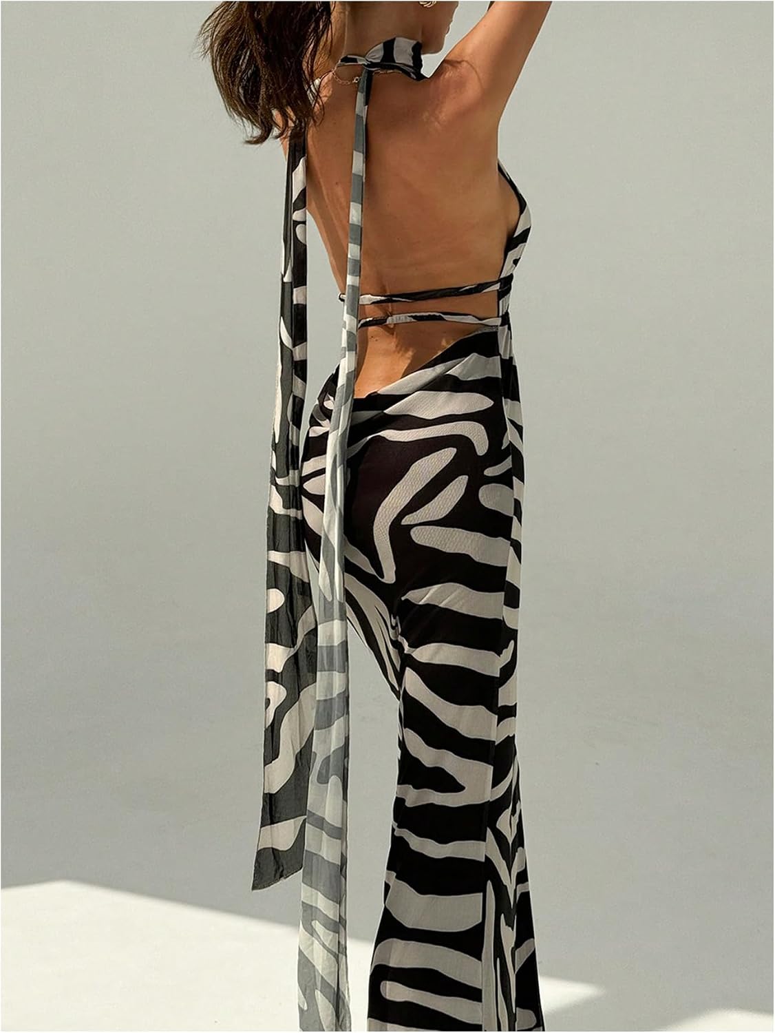 OYOANGLE Women's Zebra Striped Backless Maxi Dress Deep V Neck Halter Dress | Zebra Print, Striped, Backless, Maxi Dresses, Deep V Neck, Halter, Fishtail Dress with Scarf
