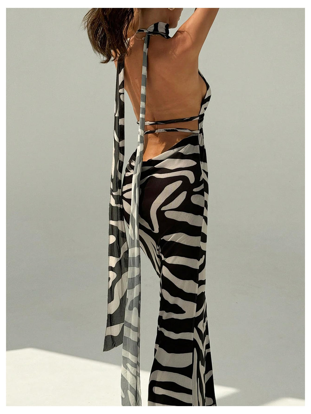 OYOANGLE Women's Zebra Striped Backless Maxi Dress Deep V Neck Halter Dress | Zebra Print, Striped, Backless, Maxi Dresses, Deep V Neck, Halter, Fishtail Dress with Scarf