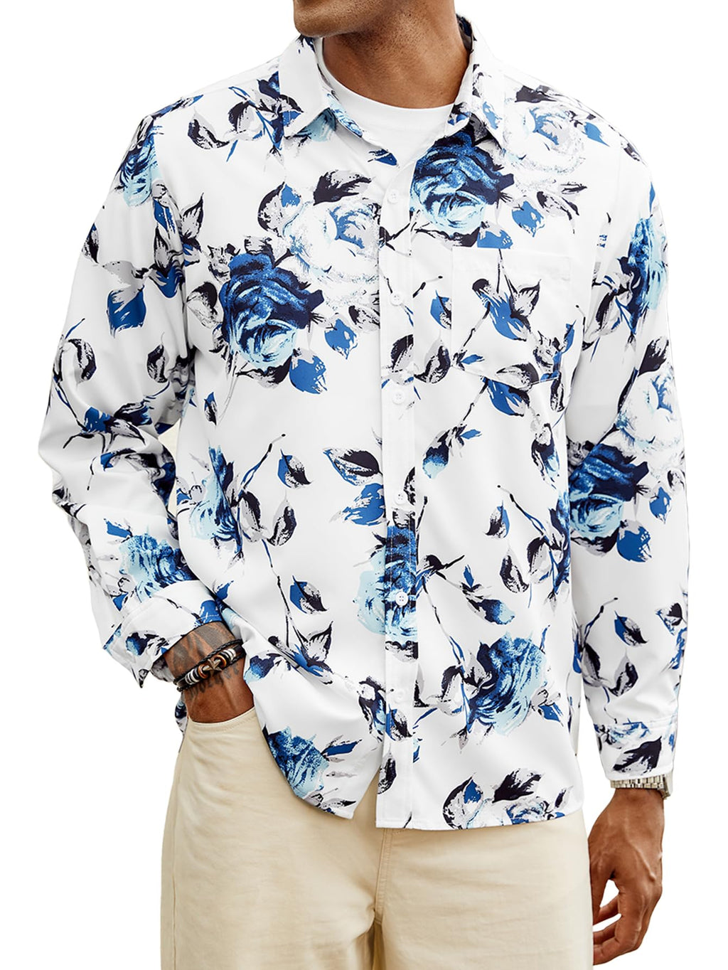 Hardaddy Men's Tropical Floral Button Down Long Sleeve Hawaiian Shirt Flower Printed Beach Shirts