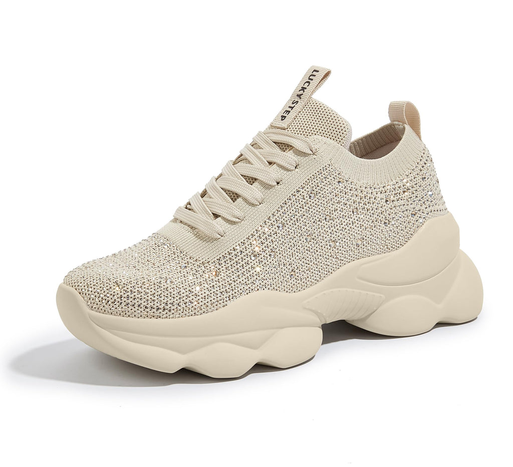 LUCKY STEP Women's Chunky Rhinestone Sneaker Sparkly Bling Bedazzled Mesh Slip on Elastic Sock Glitter Shiny Rave Walking Shoes