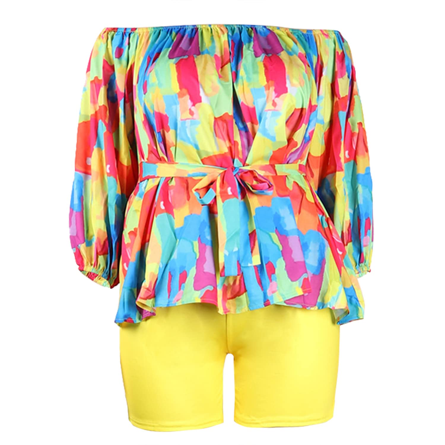 2 Piece Outfits for Women Sexy Off Shoulder Long Sleeve Plus Size Tops High Waisted Bodycon Shorts Set