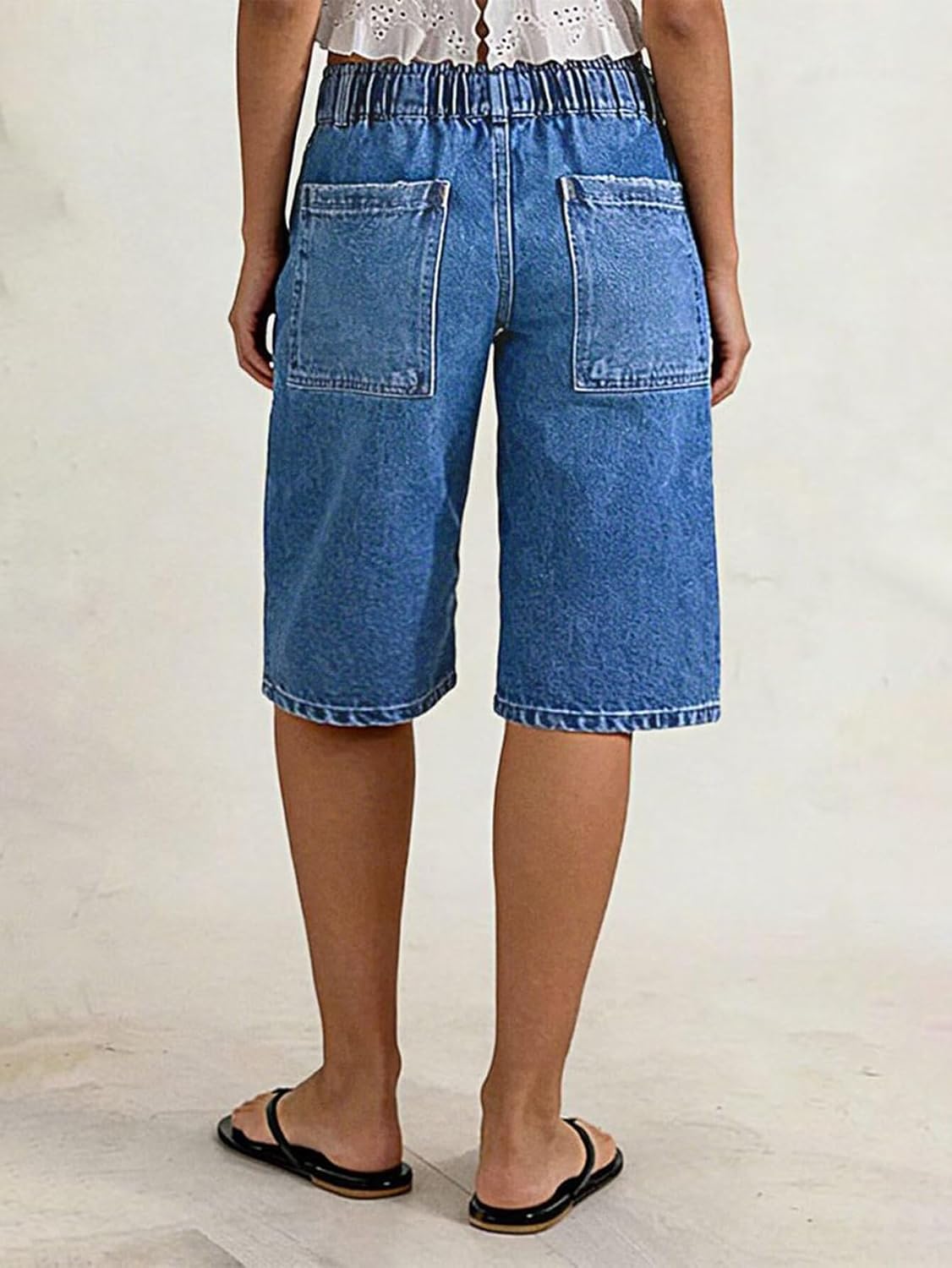 Flamingals Straight Leg High Rise Denim Bermuda Shorts | Elastic Trendy Jean Shorts with Patch Pockets, Bermuda Shorts for Women, High Waist, Denim Fabric