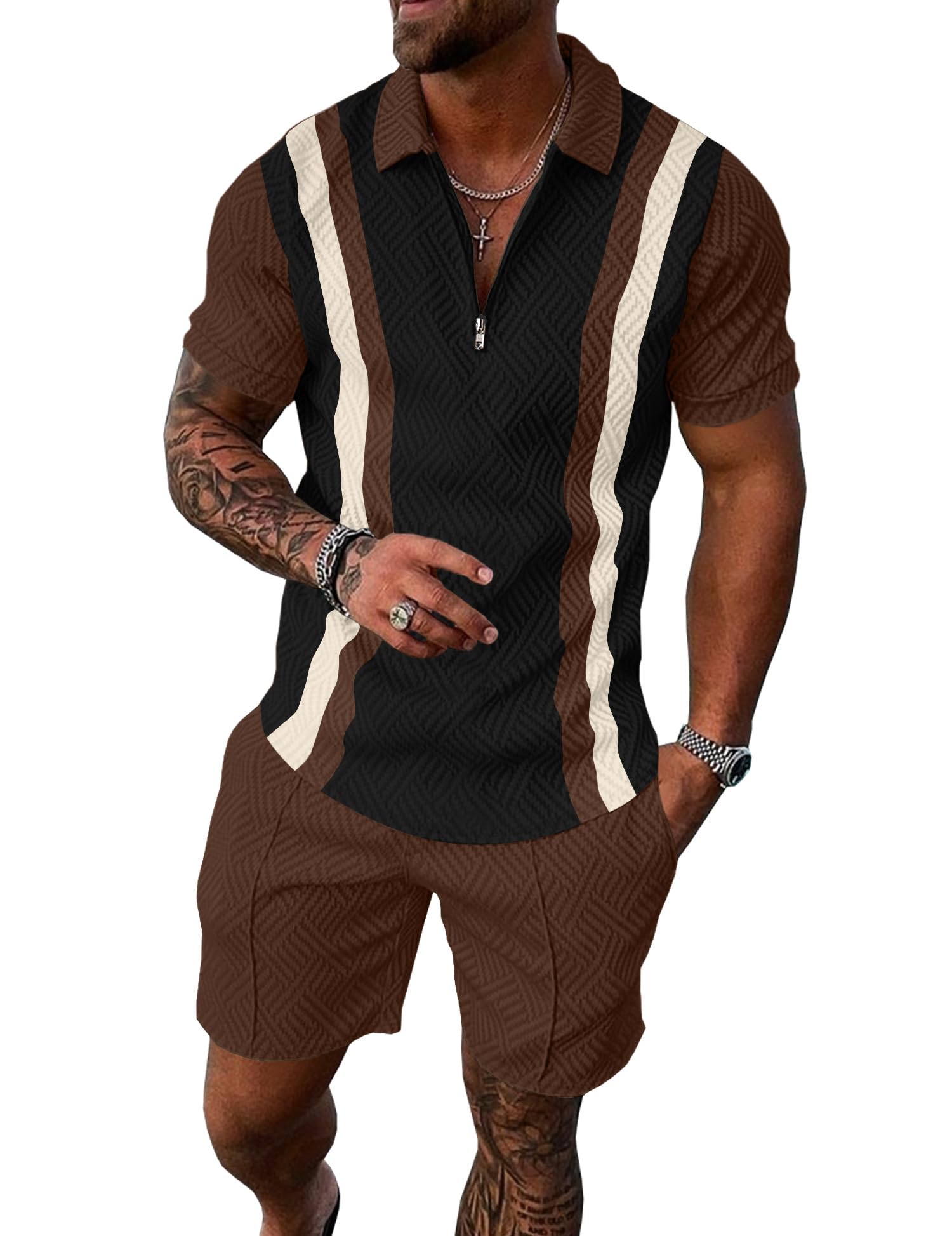 Mens Summer Track Suits 2 Piece Shorts Sets Short Sleeve Sweatsuit Outfits 1/4 Zip Golf Polo Splicing Striped Shirts