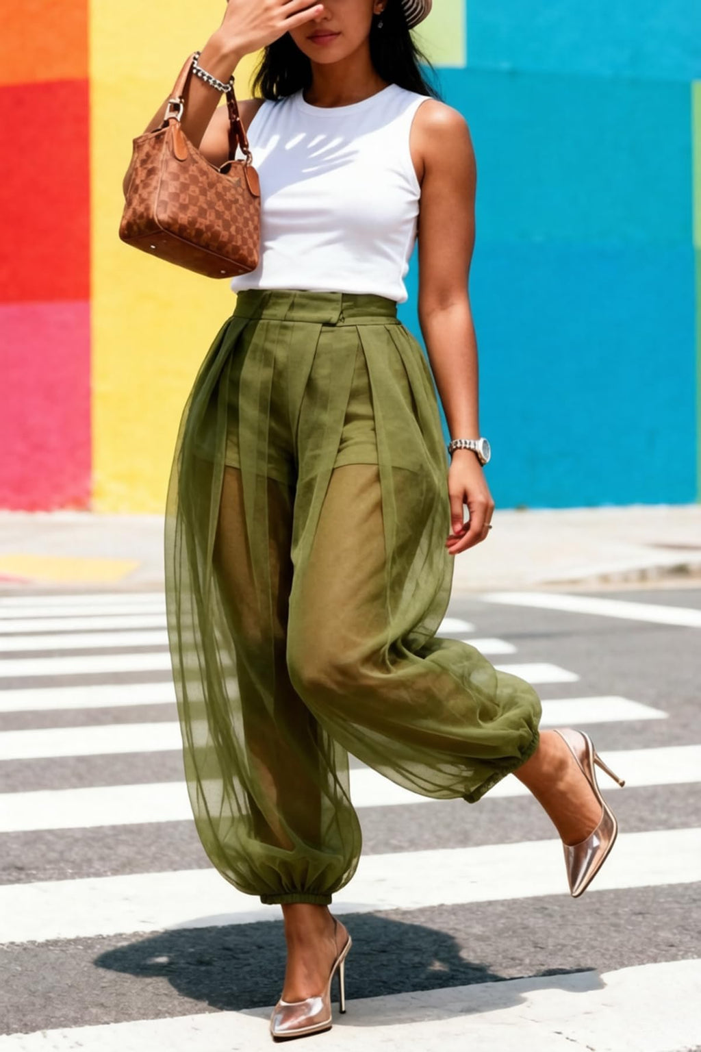 Molisry Women Sheer Mesh Pants Bubble Tulle Patchwork Pants Balloon Trouser | Loose Fit Cover Up Trousers,Built In Shorts Lining