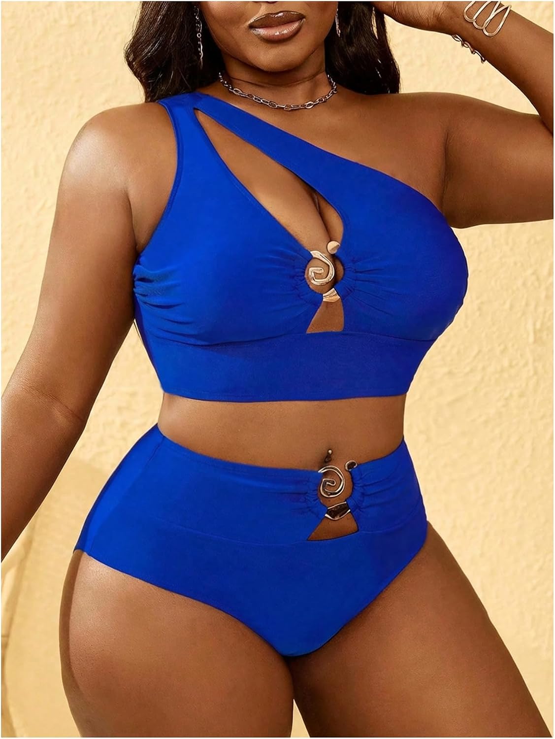 SOLY HUX Women's Plus Size Swimsuit One Shoulder Ring Bikini Sets | High Waist Cut Out Two Piece Bathing Suits, Curvy Summer Beach Vacation Swimwear