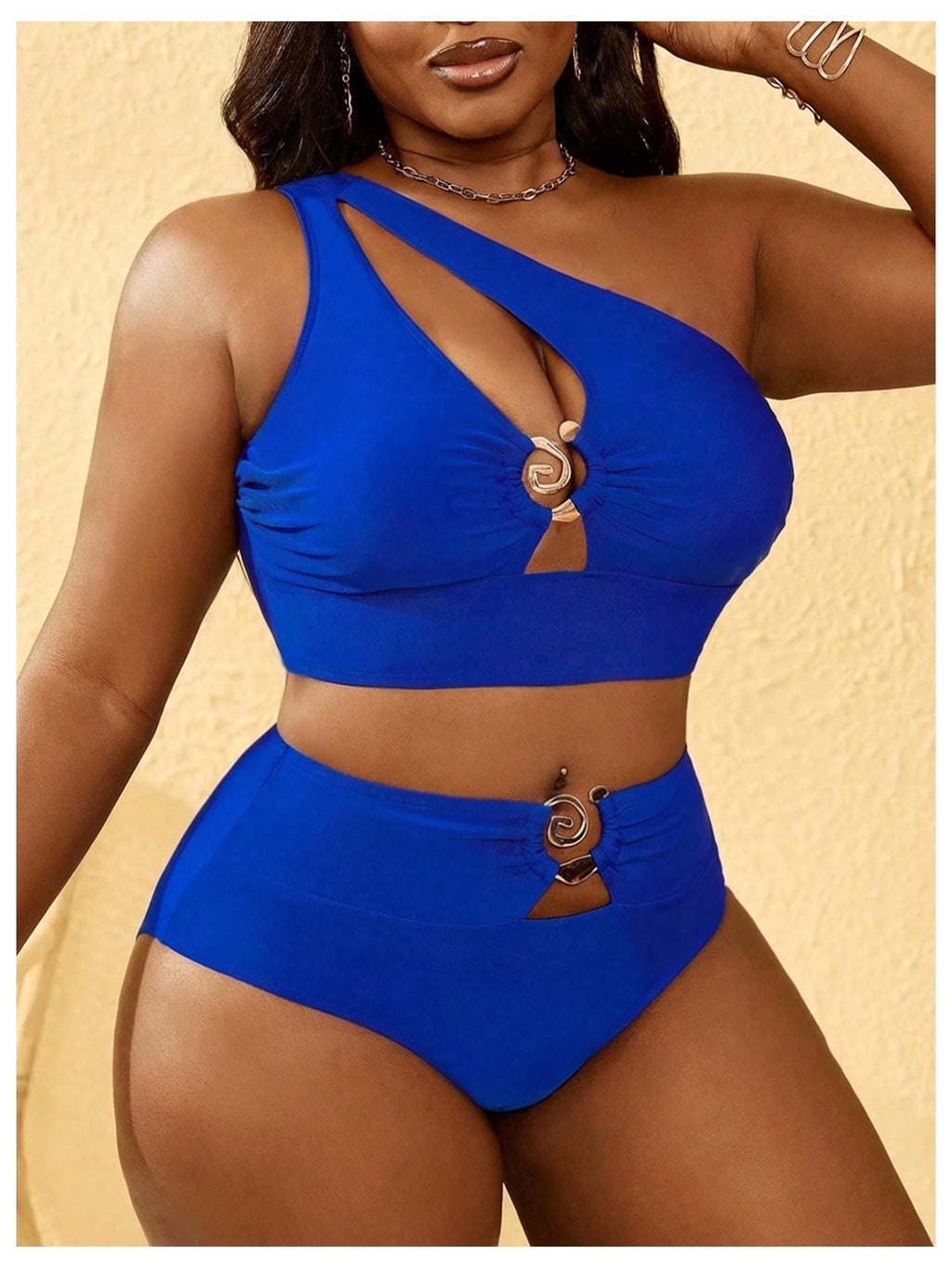 SOLY HUX Women's Plus Size Swimsuit One Shoulder Ring Bikini Sets | High Waist Cut Out Two Piece Bathing Suits, Curvy Summer Beach Vacation Swimwear